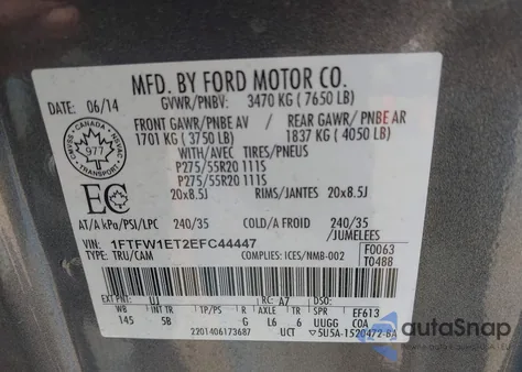 2014 Ford F150 Fx4 from USA, damaged, VIN 1FTFW1ET2EFC44447